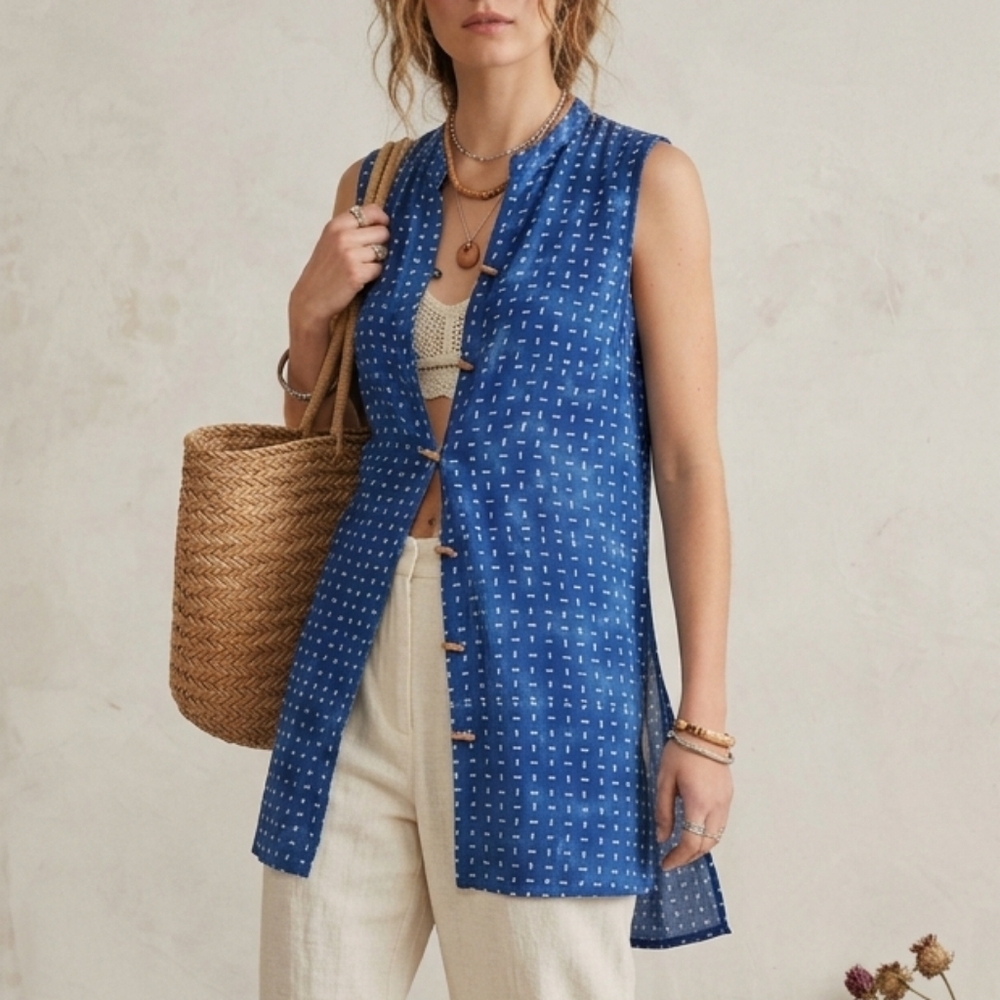April Cornell Vintage Blue White Patterned Long Tunic Top Wooden Buttons S NWOT